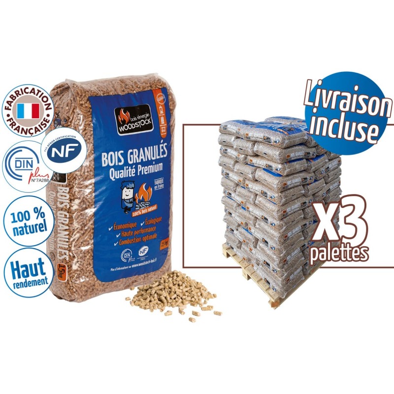 03 PALETTES WOODSTOCK GRANULÉS DE BOIS – 216 SACS DE 15 KG – BDC